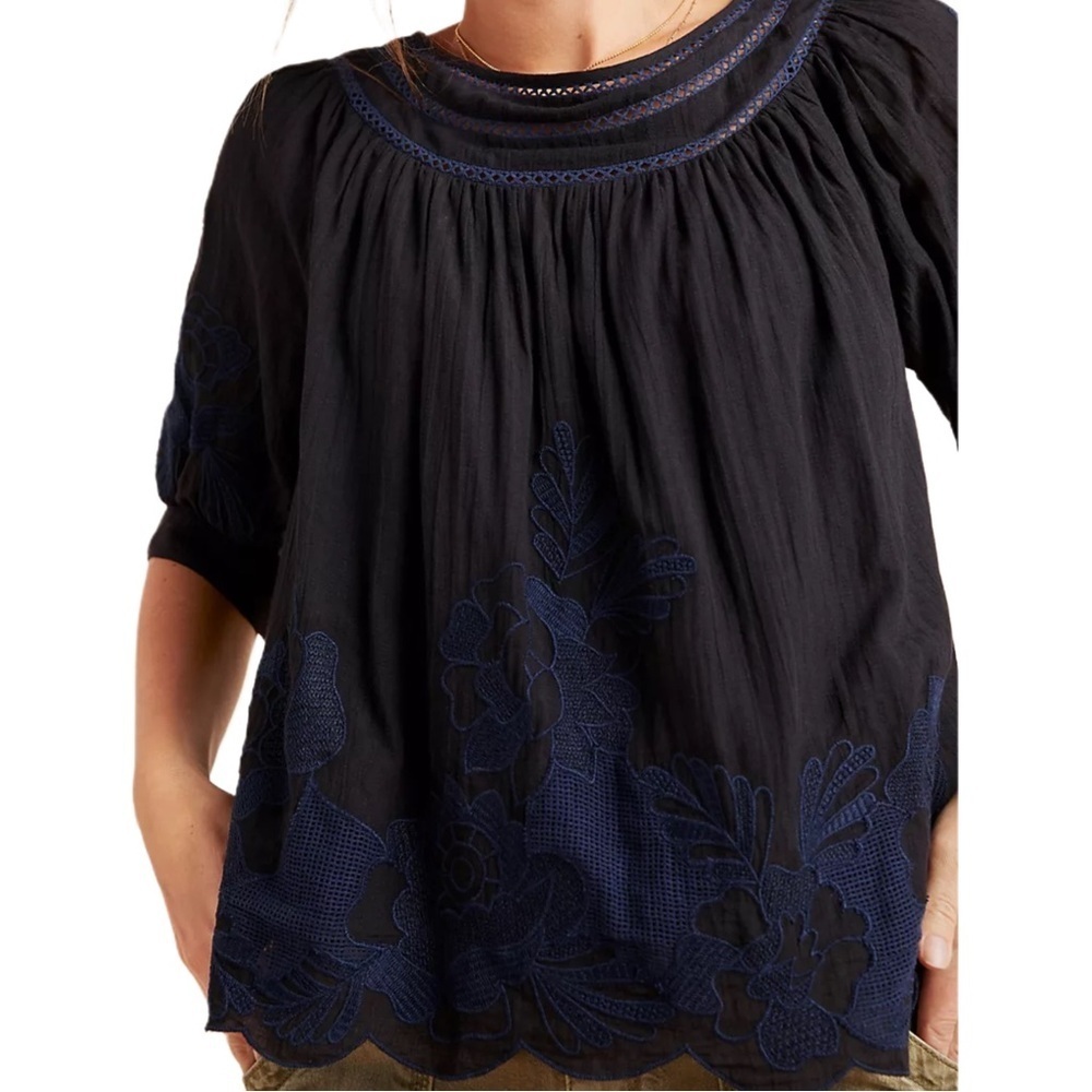 Anthropologie Black Navy Salma Embroidered Lined Peasant Blouse Size 0 - Picture 4 of 12